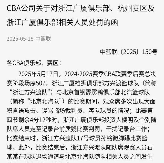 浙江广厦投资人楼明被停赛两场